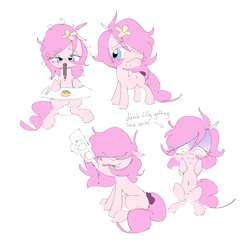 Size: 5992x6040 | Tagged: safe, artist:php197, oc, oc only, oc:kayla, earth pony, pony, alcohol, blushing, dizzy, drawing, drinking, drunk, female, filly, flower, flower in hair, foal, scrunchie, tired