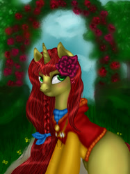 Size: 1024x1366 | Tagged: safe, artist:kinjareta, oc, oc only, oc:gallow wisp, pony, unicorn, clothes, female, flower, garden, long mane, looking at you, mare, side view, solo, vest