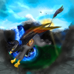 Size: 1024x1024 | Tagged: safe, artist:kinjareta, oc, oc:ace strider, griffon, blurry background, colored wings, flying, griffon oc, hat, looking at you, multicolored wings, solo, sunset, wings