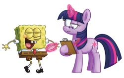 Size: 1126x710 | Tagged: safe, artist:lemoocado, twilight sparkle, pony, unicorn, g4, crossover, feather, female, magic, male, mare, spongebob squarepants, spongebob squarepants (character), spongetwi, style emulation, tickling