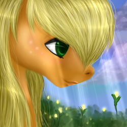 Size: 2000x2000 | Tagged: safe, artist:kinjareta, applejack, earth pony, pony, g4, blurry background, bust, high res, looking offscreen, portrait, side view, solo