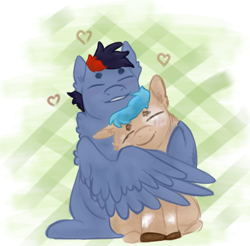 Size: 1248x1226 | Tagged: safe, artist:onyxdr, oc, oc only, oc:dawn chaser, oc:onyx, pegasus, pony, abstract background, digital art, eyes closed, gay, heart, hug, male, oc x oc, pegasus oc, shipping, stallion, winghug, wings