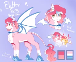 Size: 2820x2293 | Tagged: safe, artist:jezebel_remedy, oc, oc only, oc:flitter fang, bat pony, pony, cloven hooves, color palette, high res, leonine tail, nonbinary, pronouns, purple background, reference sheet, simple background, solo, tail