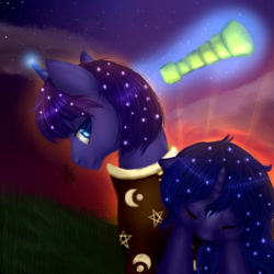 Size: 1024x1024 | Tagged: safe, artist:kinjareta, oc, oc only, oc:asterisk, oc:moon dust, pony, unicorn, blurry background, carrying, eyes closed, looking at you, looking back, looking back at you, night, sleeping