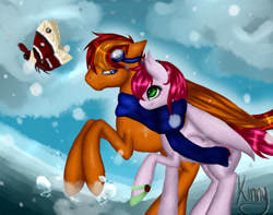 Size: 1023x807 | Tagged: safe, artist:kinjareta, oc, oc only, oc:strawberry glimmer, oc:tech talk, bat pony, insect, moth, bat pony oc, blurry background, couple, female, male, mare, snow, snowfall, stallion