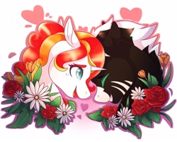 Size: 2500x2000 | Tagged: safe, artist:jezebel_remedy, oc, oc only, earth pony, pony, unicorn, duo, flower, gradient background, high res