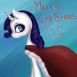 Size: 1024x1024 | Tagged: safe, artist:kinjareta, rarity, pony, unicorn, g4, christmas, female, holiday, horn, horn ring, looking at you, mare, ring, side view, simple background, solo, text