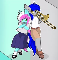 Size: 3406x3501 | Tagged: safe, artist:llhopell, oc, oc only, oc:hope(llhopell), oc:soffy, earth pony, pegasus, anthro, chin fluff, clothes, ear fluff, female, high res, male, musical instrument, oc x oc, pillow, shipping, shirt, shorts, simple background, skirt, straight, trombone