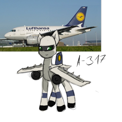 Size: 1000x1000 | Tagged: artist needed, safe, oc, oc only, original species, plane pony, pony, airbus, airbus a317, aircraft, irl, looking at you, lufthansa, male, photo, plane, simple background, smiling, solo, stallion, standing, star alliance, transparent background