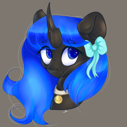 Size: 1600x1600 | Tagged: safe, artist:salicsa, oc, oc only, oc:blue visions, changeling, bell, bow, bust, changeling oc, cute, eyes open, female, gray background, hair bow, jewelry, looking sideways, necklace, portrait, simple background, solo