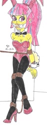 Size: 481x1280 | Tagged: safe, artist:godzilla713, sour sweet, human, equestria girls, g4, bondage, bunny ears, bunny suit, cleave gag, cloth gag, clothes, female, gag, high heels, shoes, solo, stuff gag, tied up, traditional art