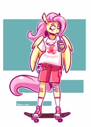 Size: 1465x2048 | Tagged: safe, artist:lrusu, fluttershy, pegasus, anthro, g4, bandage, blush sticker, blushing, clothes, cup, drinking, ear piercing, earring, female, holding a cup, jewelry, kirby, kirby (series), mare, necklace, piercing, shirt, shoes, shorts, sipping, skateboard, sneakers, socks, solo, t-shirt