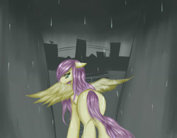 Size: 1024x799 | Tagged: safe, artist:kinjareta, fluttershy, pegasus, pony, g4, female, looking back, mare, rain, sad, simple background, solo, spread wings, wings