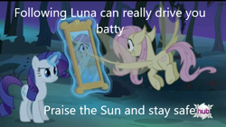 Size: 680x384 | Tagged: safe, edit, edited screencap, screencap, fluttershy, rarity, bat pony, pegasus, pony, unicorn, bats!, g4, bat ponified, caption, flutterbat, hub logo, image macro, logo, mirror, propaganda, race swap, text, the hub