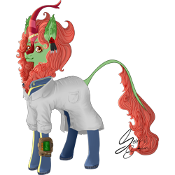 Size: 2216x2216 | Tagged: safe, artist:senpai-satan, oc, oc only, oc:spring glow, kirin, fallout equestria, clothes, commission, female, high res, jumpsuit, kirin oc, lab coat, mare, pipbuck, signature, simple background, solo, transparent background, vault suit