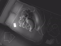 Size: 2267x1700 | Tagged: safe, artist:mantequiademani, oc, oc only, earth pony, pony, bed, cellphone, grayscale, monochrome, phone, pillow, plushie, sleeping, smartphone, solo