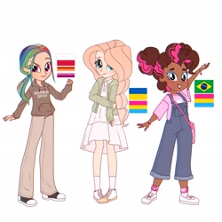 Size: 2048x2048 | Tagged: safe, artist:cryweas, fluttershy, pinkie pie, rainbow dash, human, equestria girls, g4, bag, base used, bracelet, brazil, cardigan, clothes, converse, dark skin, denim, dress, eqg promo pose set, eyeshadow, female, grin, hair over one eye, high res, hoodie, humanized, jeans, jewelry, lesbian pride flag, makeup, nail polish, overalls, pansexual pride flag, pants, poland, pride, pride flag, ring, shirt, shoes, simple background, skirt, smiling, sneakers, socks, t-shirt, ukraine, ukraine flag, white background