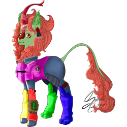 Size: 2216x2216 | Tagged: safe, artist:senpai-satan, oc, oc only, oc:spring glow, kirin, fallout equestria, armor, clothes, colorful, combat armor, commission, female, high res, jumpsuit, kirin oc, mare, pipbuck, signature, simple background, solo, transparent background, vault suit