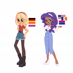 Size: 2048x2048 | Tagged: safe, artist:cryweas, applejack, rarity, human, equestria girls, g4, alternate hairstyle, american flag, bisexual pride flag, blushing, boots, clothes, dark skin, denim, denim shorts, eyeshadow, farmer's tan, female, flag of new york city, flannel, freckles, german, german flag, germany, grin, hairband, high heels, high res, humanized, jewelry, lesbian pride flag, lipstick, makeup, necklace, pride, pride flag, shirt, shoes, shorts, simple background, skirt, smiling, socks, stockings, tan lines, thigh highs, white background