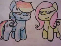 Size: 500x375 | Tagged: safe, artist:fluttersdoodles, fluttershy, rainbow dash, pegasus, pony, g4, cool, duo, female, lesbian, ship:flutterdash, shipping, smiling, standing, sunglasses, traditional art