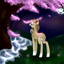 Size: 1024x1024 | Tagged: safe, artist:eternanyx-art, artist:kinjareta, oc, oc only, oc:jingles, deer, cherry blossoms, collaboration, flower, flower blossom, looking away, moon, night, solo