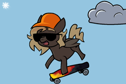 Size: 900x600 | Tagged: safe, artist:squreal, oc, oc only, oc:sick tricks, pony, awkriter, cap, cloud, female, hat, skateboard, solo, sun, sunglasses, svalla obilli