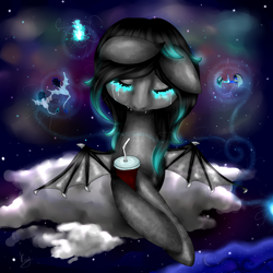 Size: 1024x1024 | Tagged: safe, artist:kinjareta, oc, oc only, oc:ember, bat pony, bat pony oc, complex background, crying, sad, solo, spread wings, starry night, wings