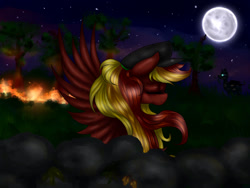 Size: 1024x768 | Tagged: safe, artist:kinjareta, oc, oc only, oc:rainbow flashover, pegasus, pony, eyes closed, fire, long mane, moon, multicolored hair, night, pegasus oc, solo, starry night