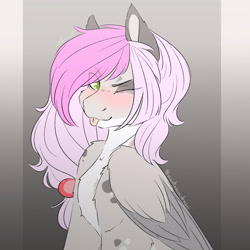 Size: 3189x3189 | Tagged: safe, artist:mantequiademani, oc, oc only, pegasus, pony, eye clipping through hair, eyebrows, eyebrows visible through hair, gray background, high res, looking at you, raspberry, simple background, solo, tongue out