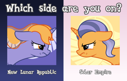 Size: 880x560 | Tagged: safe, artist:melisareb, derpibooru exclusive, oc, oc only, oc:imperii solem (empirica sol), oc:lunae novae (new luna), pony, unicorn, derpibooru, .svg available, angry, april fools 2023, derpibooru ponified, duo, duo female, ethereal mane, female, gradient mane, implied princess celestia, implied princess luna, looking at each other, looking at someone, mare, meme, meta, new lunar republic, ponified, ponified meme, sibling rivalry, siblings, sisters, solar empire, svg, vector, which side are you on?