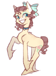 Size: 559x761 | Tagged: safe, artist:harusocoma, oc, earth pony, pony, blue eyes, bow, brown mane, brown tail, choker, eyeshadow, hair bow, makeup, simple background, smiling, solo, tail, transparent background, yellow coat