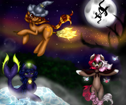 Size: 1024x854 | Tagged: safe, artist:kinjareta, oc, oc only, oc:asterisk, oc:fiddletwig, oc:kaz, bat pony, earth pony, merpony, parasprite, pony, bat pony oc, broom, earth pony oc, floating, glowing, glowing horn, group, horn, moon, raised hoof, shadow, starry night, starry sky, water