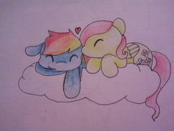 Size: 640x480 | Tagged: safe, artist:fluttersdoodles, fluttershy, rainbow dash, pegasus, pony, g4, ^^, cloud, duo, eyes closed, female, forehead kiss, heart, kissing, lesbian, lying down, lying on a cloud, on a cloud, ship:flutterdash, shipping, smiling, traditional art