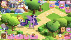 Size: 1334x750 | Tagged: safe, gameloft, fluttershy, golden feather, princess celestia, twilight sparkle, alicorn, pegasus, pony, g4, my little pony: magic princess, role reversal, twilight sparkle (alicorn)