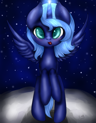 Size: 1024x1315 | Tagged: safe, artist:kinjareta, princess luna, alicorn, pony, g4, female, looking at you, mare, moon, night, on the moon, solo, starry background, tongue out