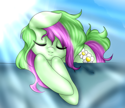 Size: 1024x880 | Tagged: safe, artist:kinjareta, oc, oc only, oc:spring flower, earth pony, pony, cute, earth pony oc, eyes closed, female, lying down, mare, prone, simple background, sleeping, solo