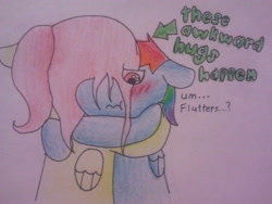 Size: 640x480 | Tagged: safe, artist:fluttersdoodles, part of a set, fluttershy, rainbow dash, pegasus, pony, g4, :t, bipedal, blushing, confused, duo, female, hug, lesbian, ship:flutterdash, shipping, traditional art