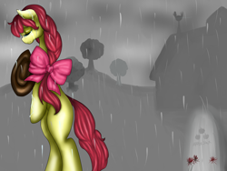 Size: 1024x768 | Tagged: safe, artist:kinjareta, apple bloom, earth pony, pony, g4, bow, braid, crying, death, depressing, female, mare, rain, sad, solo, standing on two hooves