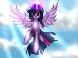 Size: 1024x768 | Tagged: safe, artist:kinjareta, twilight sparkle, alicorn, pony, g4, blurry background, female, floating, glowing, glowing horn, horn, looking at you, mare, solo, spread wings, twilight sparkle (alicorn), wings