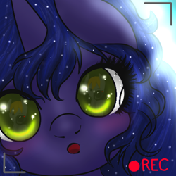 Size: 450x450 | Tagged: safe, artist:kinjareta, oc, oc only, pony, unicorn, bust, camera, ethereal mane, female, looking at you, mare, portrait, solo, starry eyes, starry mane, wingding eyes