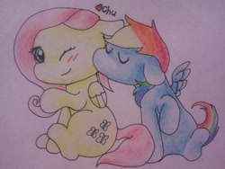 Size: 640x480 | Tagged: safe, artist:fluttersdoodles, fluttershy, rainbow dash, pegasus, pony, g4, cheek kiss, chu, duo, female, folded wings, kissing, lesbian, one eye closed, raised hoof, ship:flutterdash, shipping, sitting, traditional art, wings