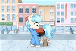 Size: 994x667 | Tagged: safe, artist:vinilyart, coco pommel, earth pony, pony, g4, blue sky, building, clothes, cocobetes, cute, dress, female, jacket, mare, shoes, solo focus, street