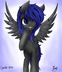 Size: 1024x1188 | Tagged: safe, artist:kinjareta, oc, oc only, oc:cyanide, pegasus, pony, female, looking at you, mare, one eye closed, pegasus oc, raised hoof, simple background, smiling, solo, wink, winking at you