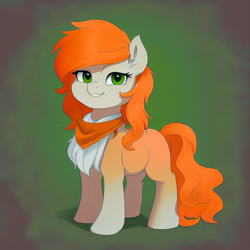 Size: 768x768 | Tagged: safe, ai assisted, ai content, artist:darbarri, derpibooru exclusive, generator:stable diffusion, earth pony, pony, abstract background, female, green eyes, looking at you, mare, neckerchief, smiling, solo