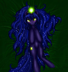 Size: 1024x1092 | Tagged: safe, artist:kinjareta, oc, oc only, oc:fallen star, pony, unicorn, ethereal mane, female, glowing, glowing horn, horn, looking at you, lying down, mare, on back, prone, simple background, solo, starry mane, starry tail, tail