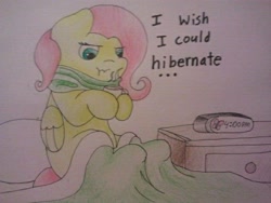 Size: 640x480 | Tagged: safe, artist:fluttersdoodles, fluttershy, pegasus, pony, g4, :t, blanket, clock, clothes, cup, female, freezing, pedestal, pillow, scarf, sitting on bed, solo, teacup, traditional art