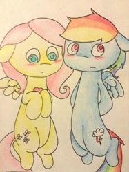 Size: 956x1280 | Tagged: safe, artist:fluttersdoodles, fluttershy, rainbow dash, pegasus, pony, g4, arm behind back, blushing, duo, female, floating, heart, lesbian, looking down, ship:flutterdash, shipping, surprised, traditional art