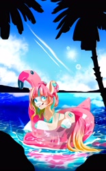 Size: 2536x4096 | Tagged: safe, artist:irusumau, oc, oc only, earth pony, pony, beach, clothes, floaty, inflatable bird, inflatable flamingo, ocean, palm tree, pool toy, sky, solo, sun, swimsuit, tree, water