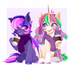 Size: 2048x1958 | Tagged: safe, artist:irusumau, oc, oc only, oc:midnight mist, bat pony, pony, unicorn, duo