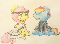 Size: 1280x956 | Tagged: safe, artist:fluttersdoodles, fluttershy, rainbow dash, pegasus, pony, g4, ^^, braid, clothes, dress, duo, eyes closed, female, flower, flower in hair, lesbian, ship:flutterdash, shipping, sitting, smiling, tailcoat, traditional art, wreath